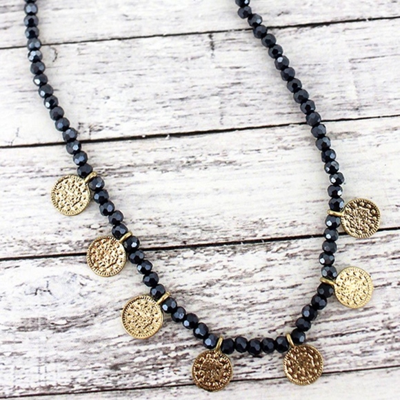 2/$15-HEMATITE FACET GOLDTONE DISK CHARM NECKLACE - Picture 1 of 1